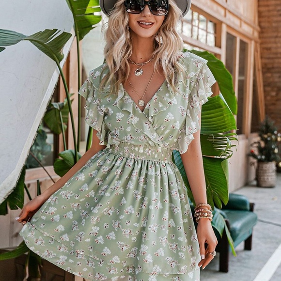 sage v neck floral ruffle open back boho dress - Picture 7 of 9